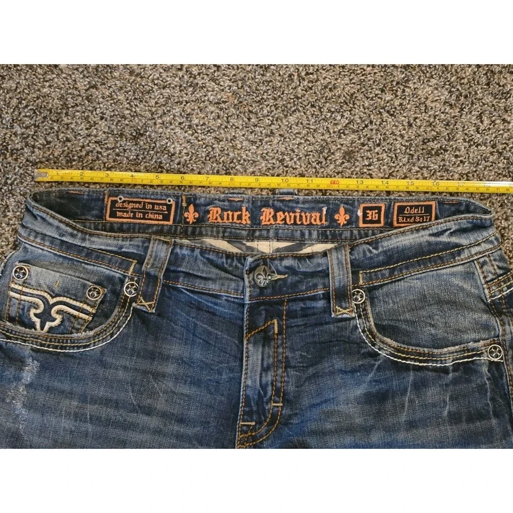 Rock Revival Odell Relaxed Straight Fit Jeans Men 34x30 Dark Wash Thick Stitched